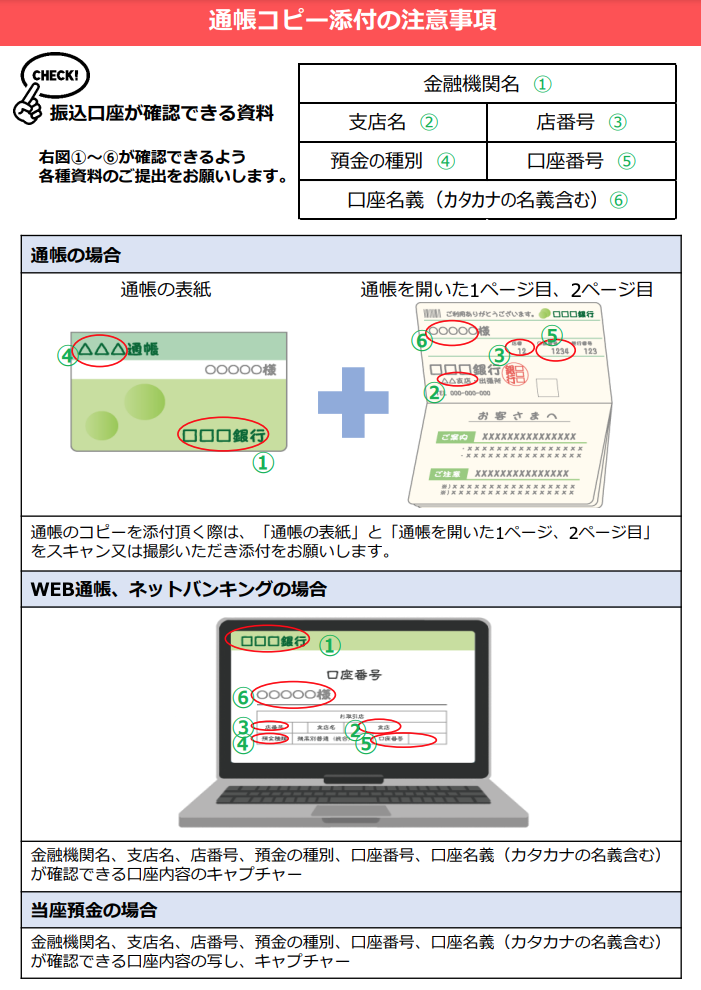 通帳コピー添付の注意事項